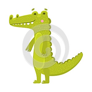 Vector illustration of a cute crocodile in cartoon hand drawn flat style. Kind green aligator from safari, jungle. Funny