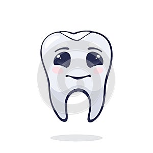 Vector illustration. Cute cured human tooth with happy eyes and dental filling. Dental restoration from caries.