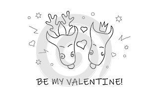 Vector illustration. Cute deers. Happy valentine's day card consept. Line art style. Black and white.