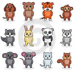 Vector illustration of cute Dog, Bear, Tiger, Monkey, Raccoon, Rabbit, Panda, Wolf, Koala, Mouse, Cat and Squirrel cartoon