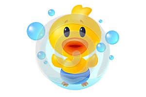 Vector illustration of cute duck with bubbles in bathroom in realistic style. Vector icon of kawaii duck