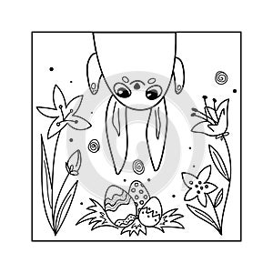 Vector illustration with a cute Easter bunny hanging upside down  flowers and eggs. Doodle style design for greeting cards