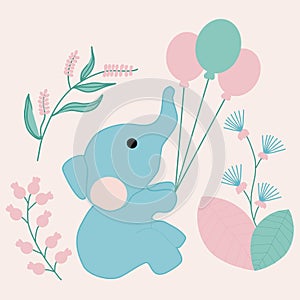 Vector illustration with cute elephant and pastel flowers