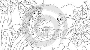 Vector illustration, a cute fairy sits on a tree and treats a baby squirrel with tea