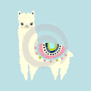Vector Illustration of cute fluffy cartoon llama or alpaca. Childish print for fabric, t-shirt, poster, cards photo