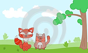 Vector illustration with cute forest animals in a children's style. A set of mammals in the forest. Collection in the