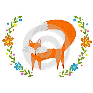 Vector illustration of cute fox and flowers in cartoon style.