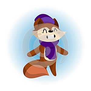 Vector Illustration of a Cute Fox in Scarf and Hat