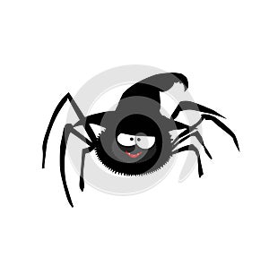 Vector illustration of cute funny black cartoon spider wearing witch hat on white