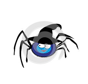 Vector illustration of cute funny blue cartoon spider wearing witch hat on white
