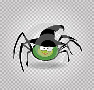 Vector illustration of cute funny green cartoon spider wearing witch hat isolated