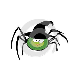 Vector illustration of cute funny green cartoon spider wearing witch hat on white