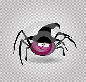 Vector illustration of cute funny purple cartoon spider wearing witch hat isolated