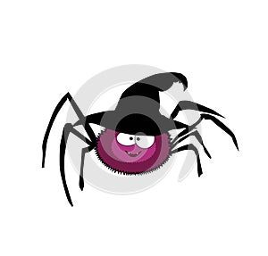 Vector illustration of cute funny purple cartoon spider wearing witch hat on white