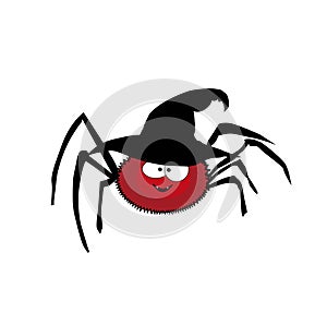 Vector illustration of cute funny red cartoon spider wearing witch hat on white