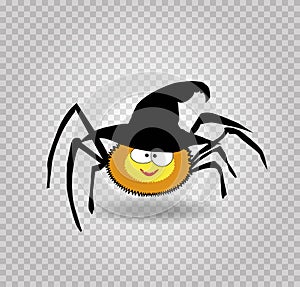 Vector illustration of cute funny yellow cartoon spider wearing witch hat isolated