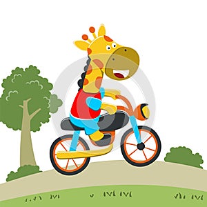 Vector illustration of cute giraffe ride a motorcycle, Can be used for t-shirt print, kids wear fashion design, invitation card.