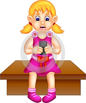 Cute girl cartoon sitting with playing smartphone