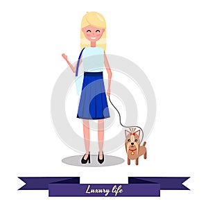 Vector illustration. Cute girl flat in blue dress with handbag a