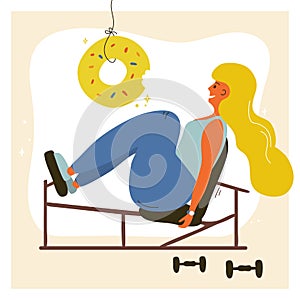 Vector illustration of sport with girl in gym and donut