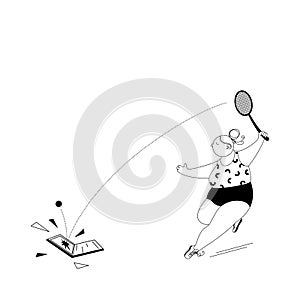 Vector illustration of a cute girl hitting a tennis ball with a racket and smashes the laptop.The concept of a healthy lifestyle.