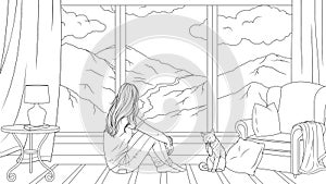 Vector illustration, a cute girl sits on the floor in the living room, admires the landscape of the mountains