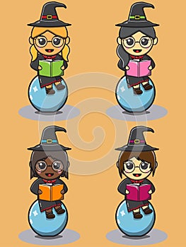 Vector illustration of Cute girls in witch costume read magic book above Crystal ball