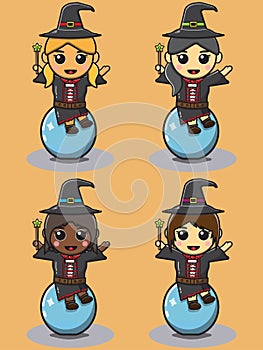 Vector illustration of Cute girls in witch costume sitting above Crystal ball