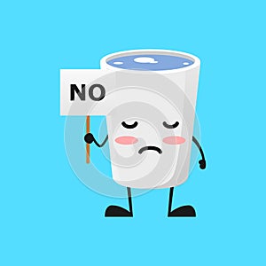 Vector illustration of Cute Glass mascot or character holding sign say no. Cute Glass Concept White Isolated. Flat Cartoon Style