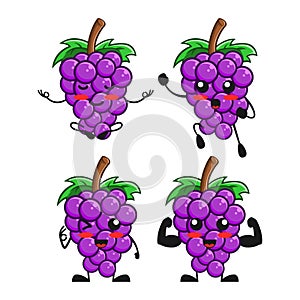 Vector illustration of cute grape fruit character yoga, spirit, okay and fitness pose. grape cute cartoon character set collection