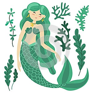 Vector illustration of a cute green mermaid princess with colorful hair and other underwater elements. Corals, mud