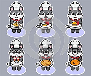 Vector illustration of cute Grey Wolf Chef cartoon with food.