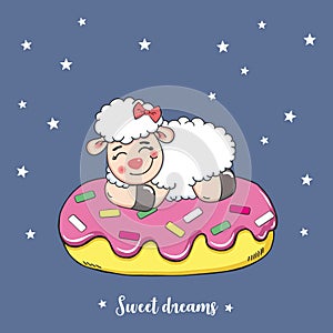 Vector illustration of cute hand drawn lamb sleeping inside pink donut, lettering sweet dreams, cartoon card in kawaii anime style