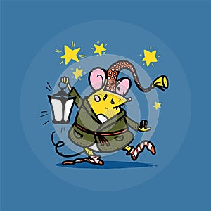 Vector illustration of cute hand drawn mouse character in sleeping cap and bassrobe holding lantern with stars on background smili