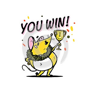 Vector illustration of cute hand drawn yellow mouse character winner holding victory cup isolated on white background