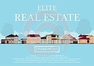 Vector illustration of cute houses for rent or sale in flat building style. background with blue pastel colors. country