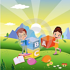 vector illustration of cute kids with Abc blocks, abc letters