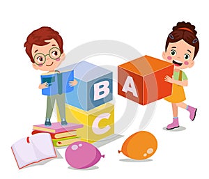 vector illustration of cute kids with Abc blocks, abc letters