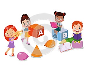 vector illustration of cute kids with Abc blocks, abc letters