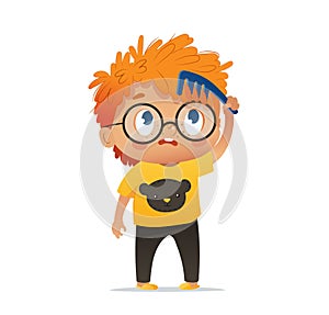 Vector Illustration of cute kindergarten red head Kid Boy combs his tousle hair ruffle comb. Morning hygiene for kids photo
