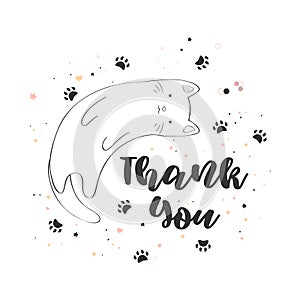 Vector illustration with cute line art cat and hand drawn lettering Thank You isolated on white background. Design for t-shirt