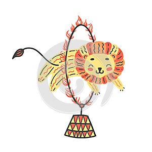 Vector illustration of cute lion. Jump through fire circle. Circus artist doing trick