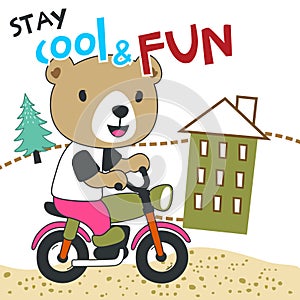 vector illustration of cute little bear ride motorcycle. Creative vector childish background for fabric, textile, nursery