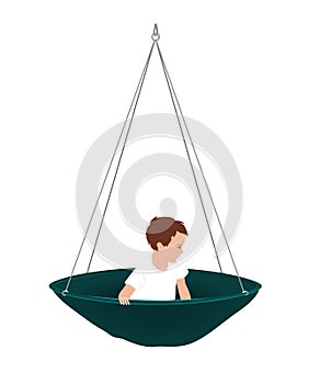 Vector illustration of cute little boy in round hammock. Kids vestibular activities, ergotherapy, or sensory integration photo