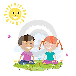 Vector illustration of a cute little girl and doy doing yoga outdoors,cartoon design