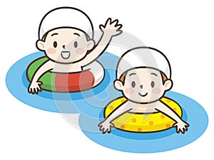 Vector illustration of cute little kids swimming with inflatable circle cartoon