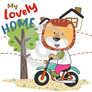 vector illustration of cute little lion ride motorcycle.