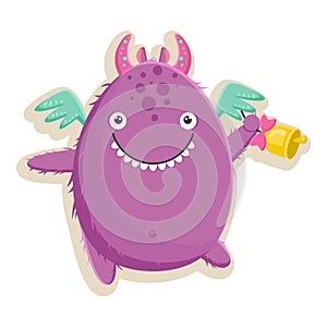 Vector illustration with cute little purple monster is ready for the first day of school with a bell in his paw.