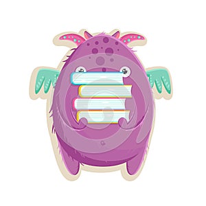 Vector illustration with cute little purple monster is ready to back to school with a books. photo