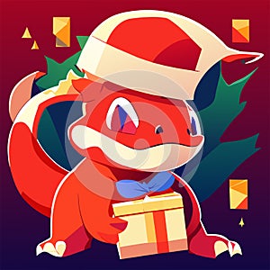 Vector illustration of a cute little red dragon in a Santa Claus hat with a gift box. AI Generated